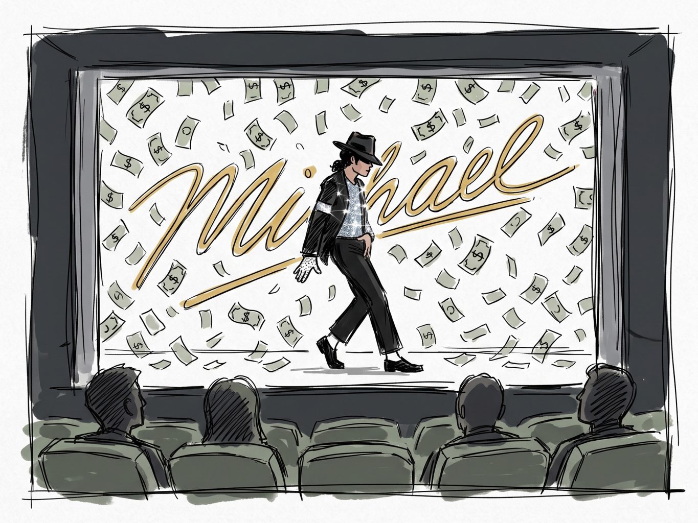 This hand-drawn digital illustration depicts a theater audience watching Michael Jackson dance on a cinema screen surrounded by falling money and gold cursive text.