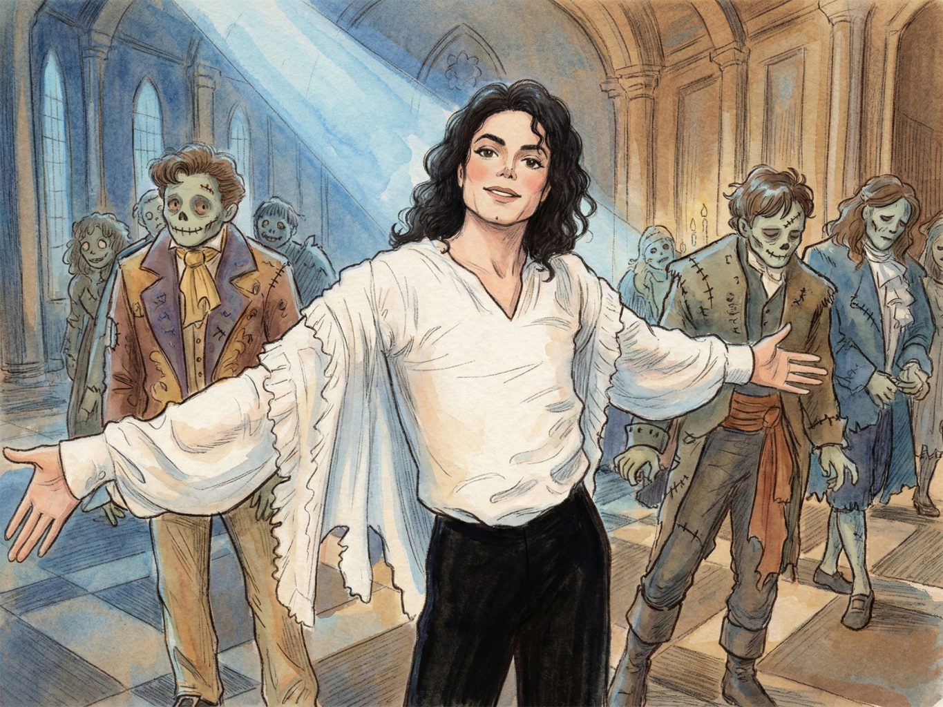 Watercolor art of Michael Jackson in a white billowy shirt, posing before a gothic ballroom of zombies. The style features soft washes and delicate ink linework.