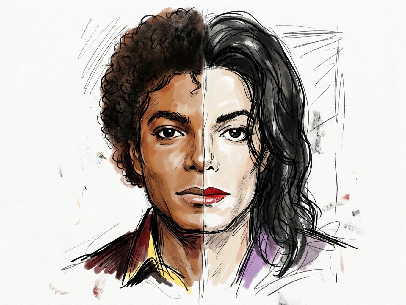 This split digital watercolor portrait illustrates Michael Jackson's physical transformation. The sketchy artwork highlights two distinct eras of his iconic life.