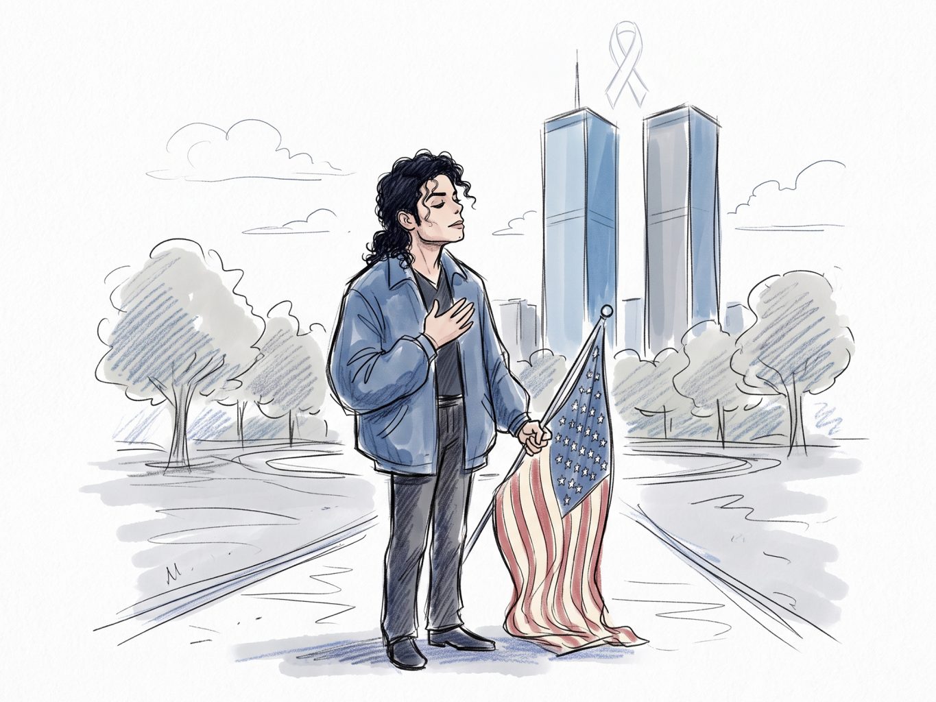 A digital sketch shows Michael Jackson holding a US flag with his hand over his heart, standing before the Twin Towers in a soft, line-art illustration style.