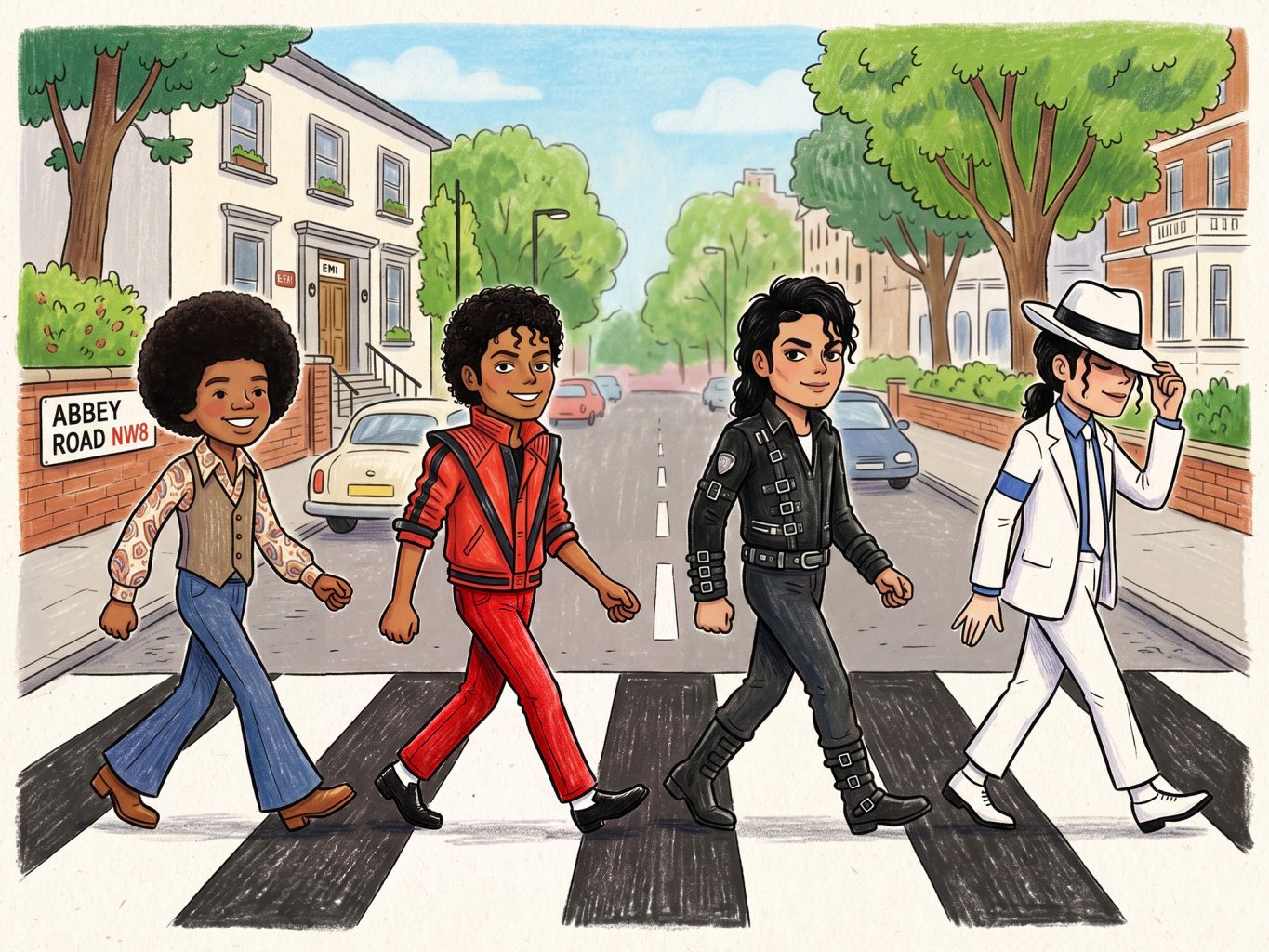 Four eras of Michael Jackson recreate the Beatles' Abbey Road crosswalk walk in a vibrant, detailed cartoon illustration style filled with rich colors.