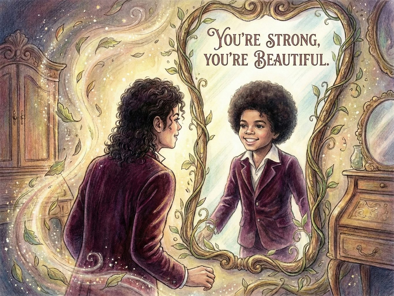 A whimsical watercolor illustration features Michael Jackson looking at his younger self in a mirror framed with vines, reflecting "You're strong, you're beautiful".