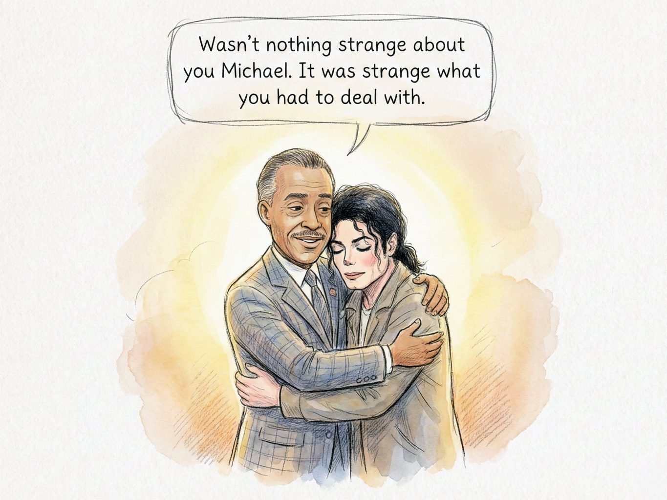 Watercolor illustration of Al Sharpton hugging Michael Jackson. A speech bubble reads: "Wasn't nothing strange about you Michael. It was strange what you had to deal with.