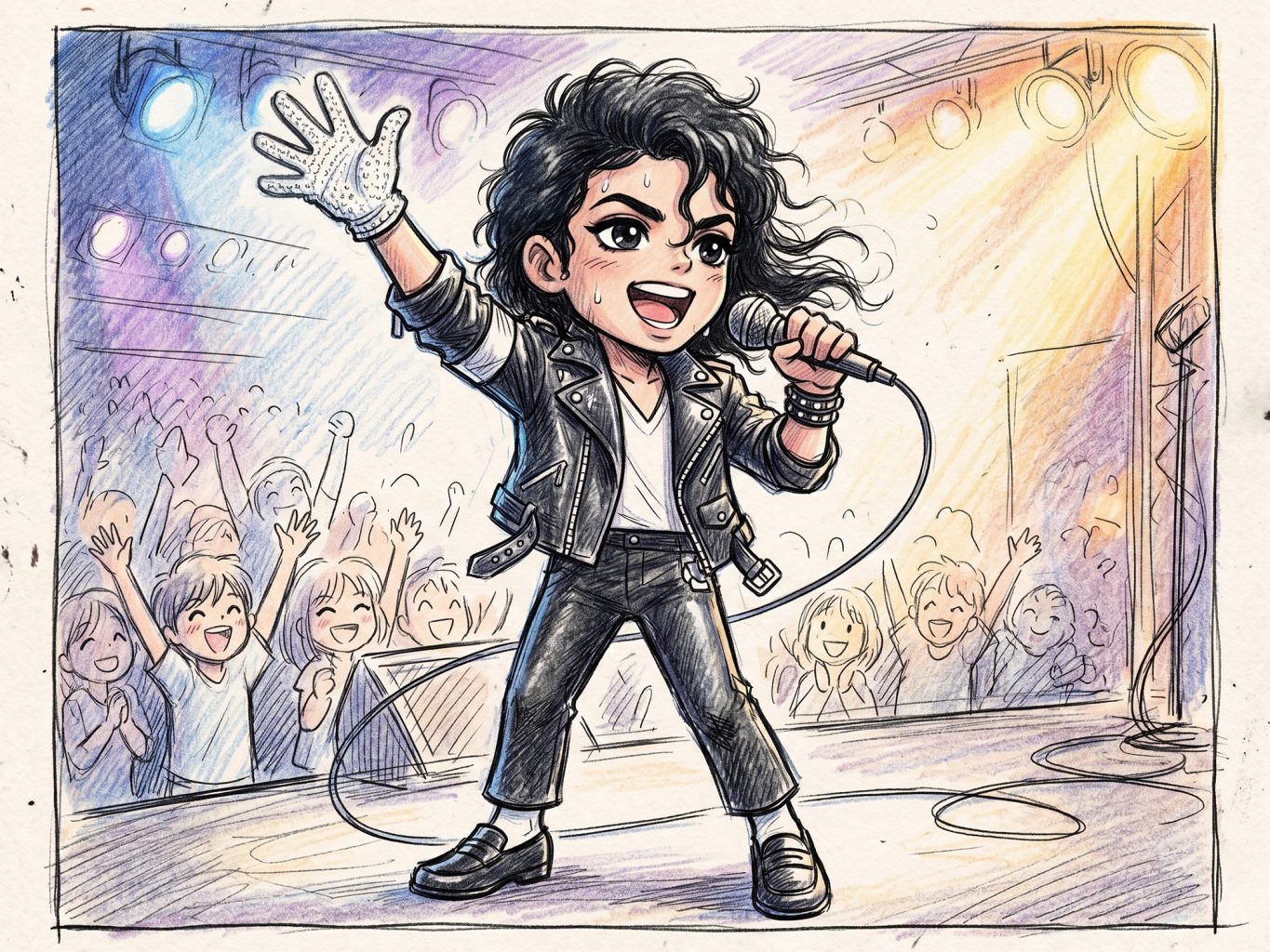 An anime chibi Michael Jackson performs on stage in a black leather jacket and single glove. The sketchy, colored pencil style features a cheering crowd.