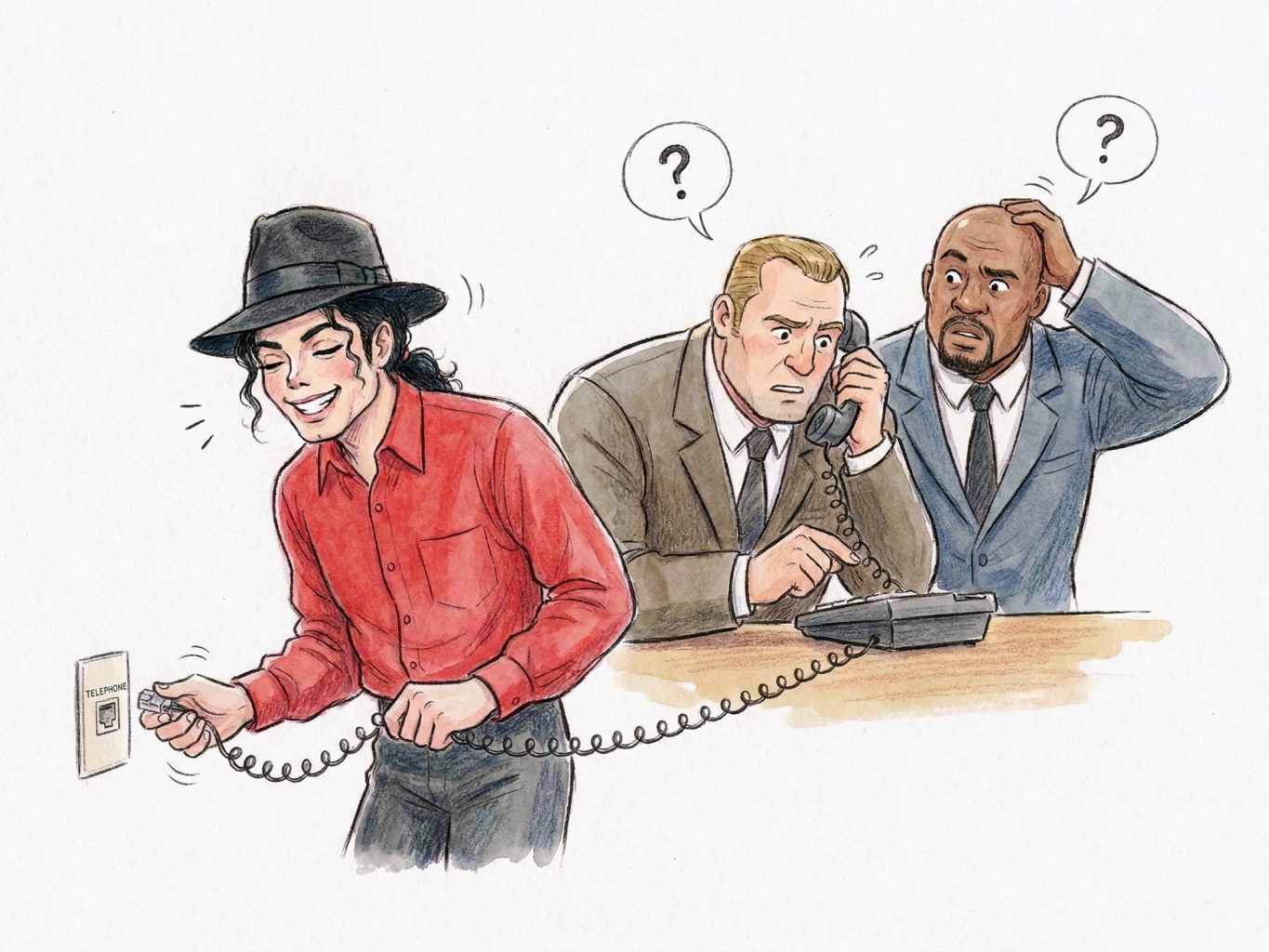 Michael Jackson pranks two confused men by unplugging their landline phone. The watercolor illustration features expressive characters and clean, detailed linework.