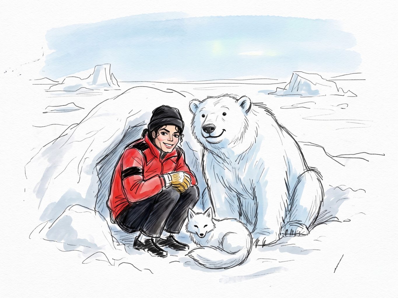 This watercolor and ink illustration shows Michael Jackson in a red winter jacket posing with a friendly polar bear and a white arctic fox in the snowy Arctic.