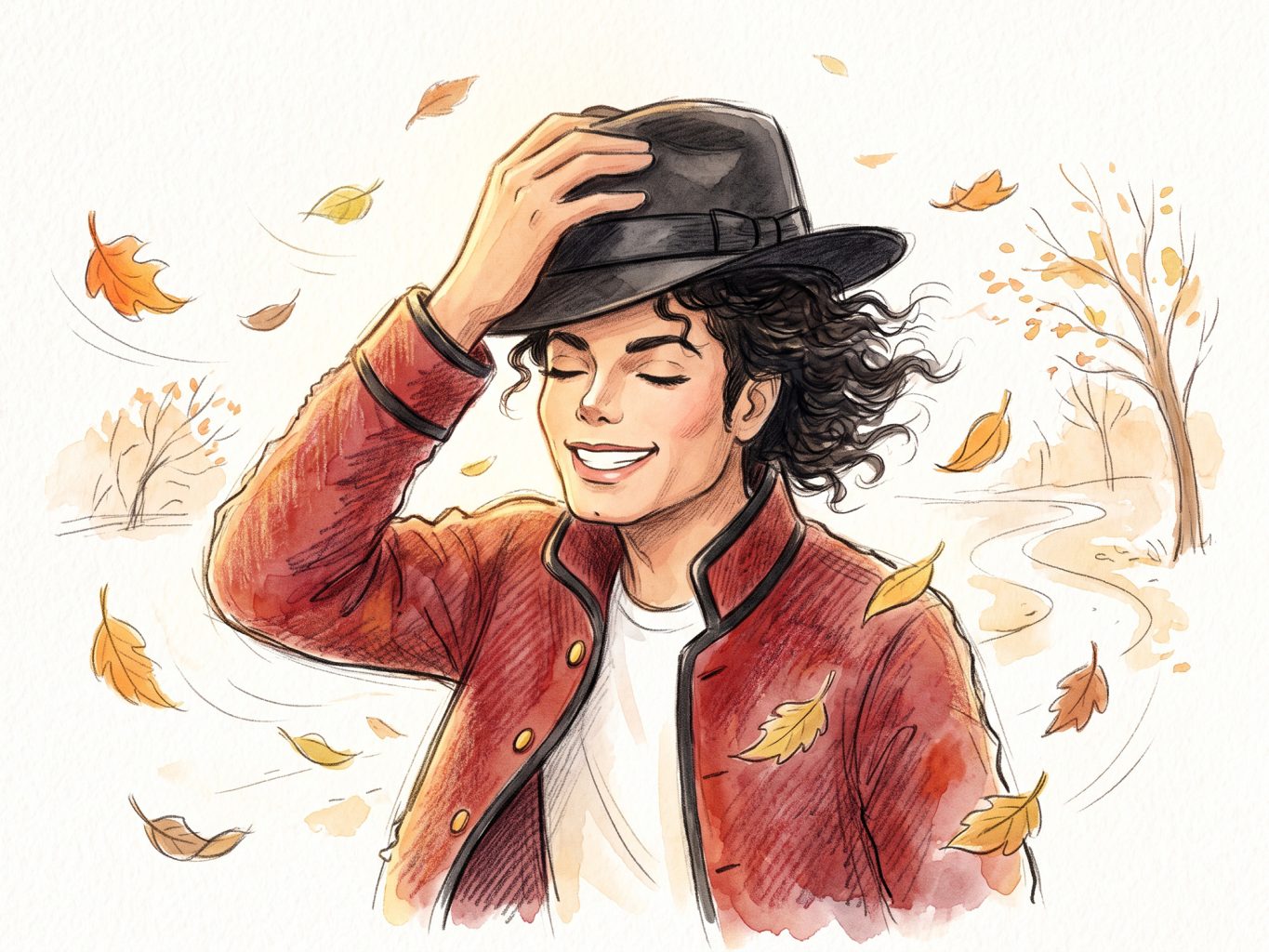 A smiling Michael Jackson holds his black fedora as autumn leaves swirl around him in an expressive watercolor and colored pencil illustration with soft tones.