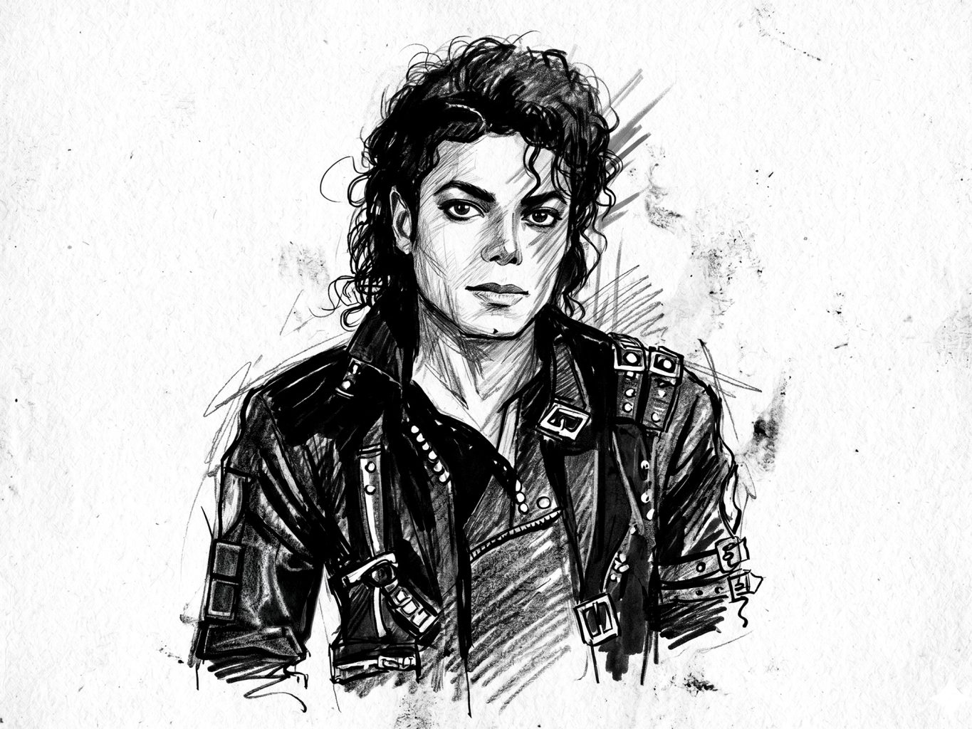A sketch of Michael Jackson in his iconic "Bad" era leather jacket. The artwork features a highly detailed, black-and-white ink and pencil portrait style.