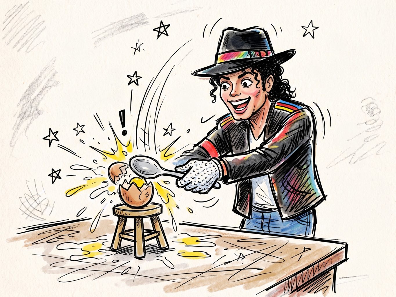 Michael Jackson in a fedora joyfully smashes an egg with a spoon in this vibrant, sketch-style illustration featuring bold line work and colorful hand-drawn accents.