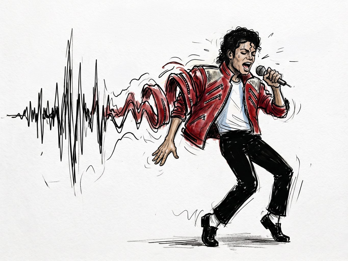 This dynamic ink and watercolor sketch shows Michael Jackson singing into a microphone in his red jacket, which dramatically morphs into a sharp soundwave.