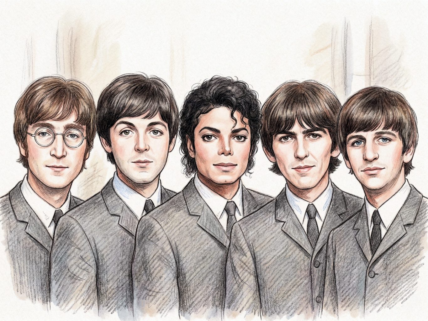 A pencil and watercolor sketch shows The Beatles in grey suits, but with Michael Jackson joined in the center. The style is a clean, realistic celebrity mashup.