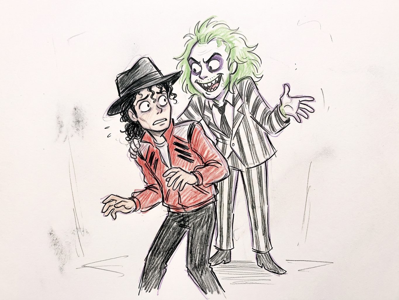 An expressive colored pencil cartoon sketch depicts wild-haired Beetlejuice grinning creepily behind a startled Michael Jackson wearing his red jacket.