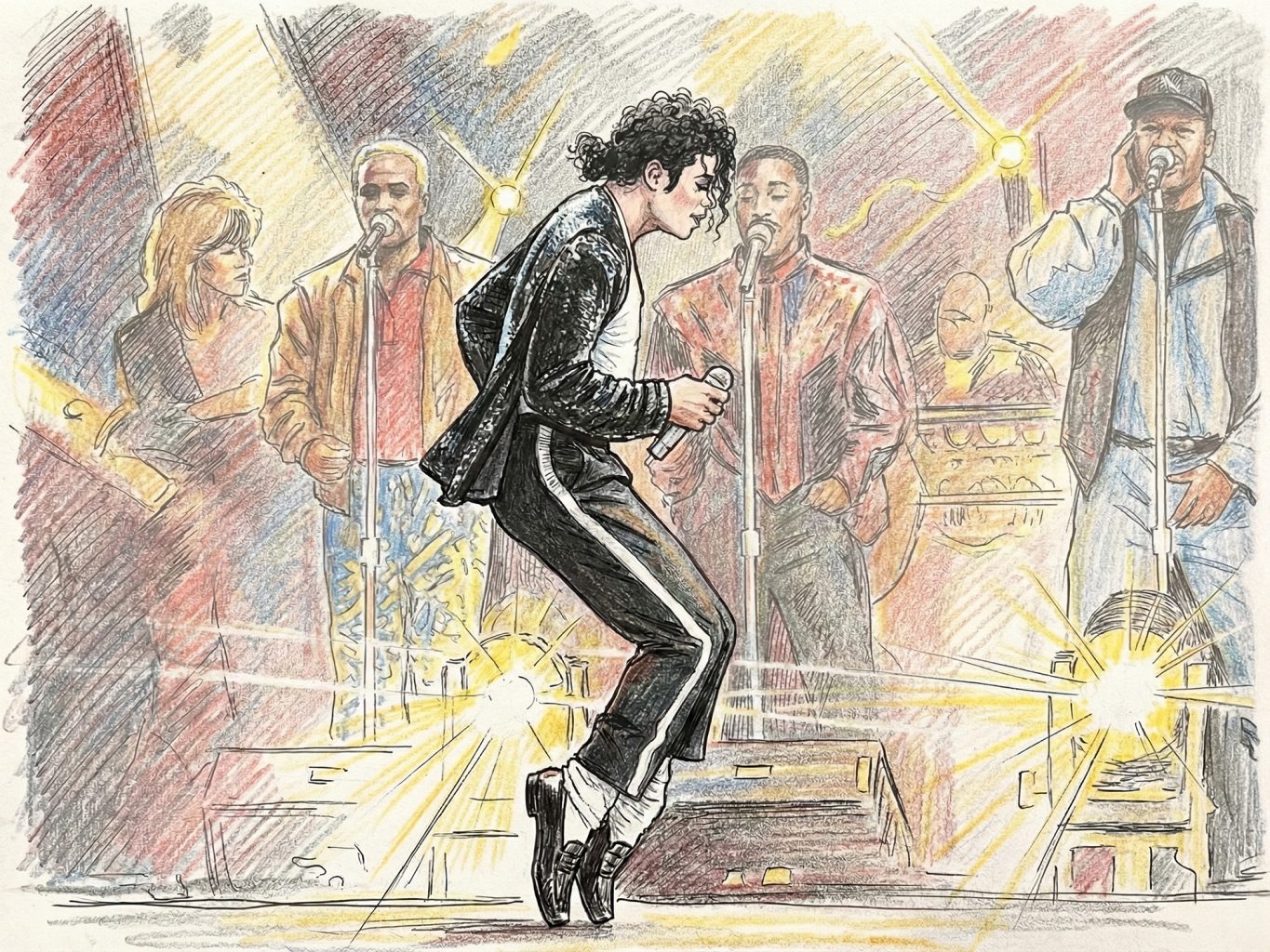 A sketch depicts Michael Jackson performing "Billie Jean" on stage with a live band. The colored pencil style uses cross-hatching to capture his iconic dance pose.