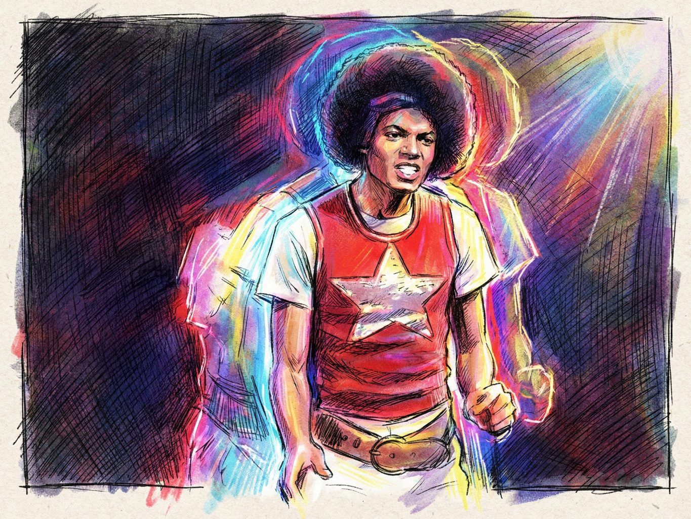 Vibrant sketch of Michael Jackson in his "Blame It on the Boogie" era. This colorful mixed-media piece uses expressive cross-hatching and neon watercolor washes.