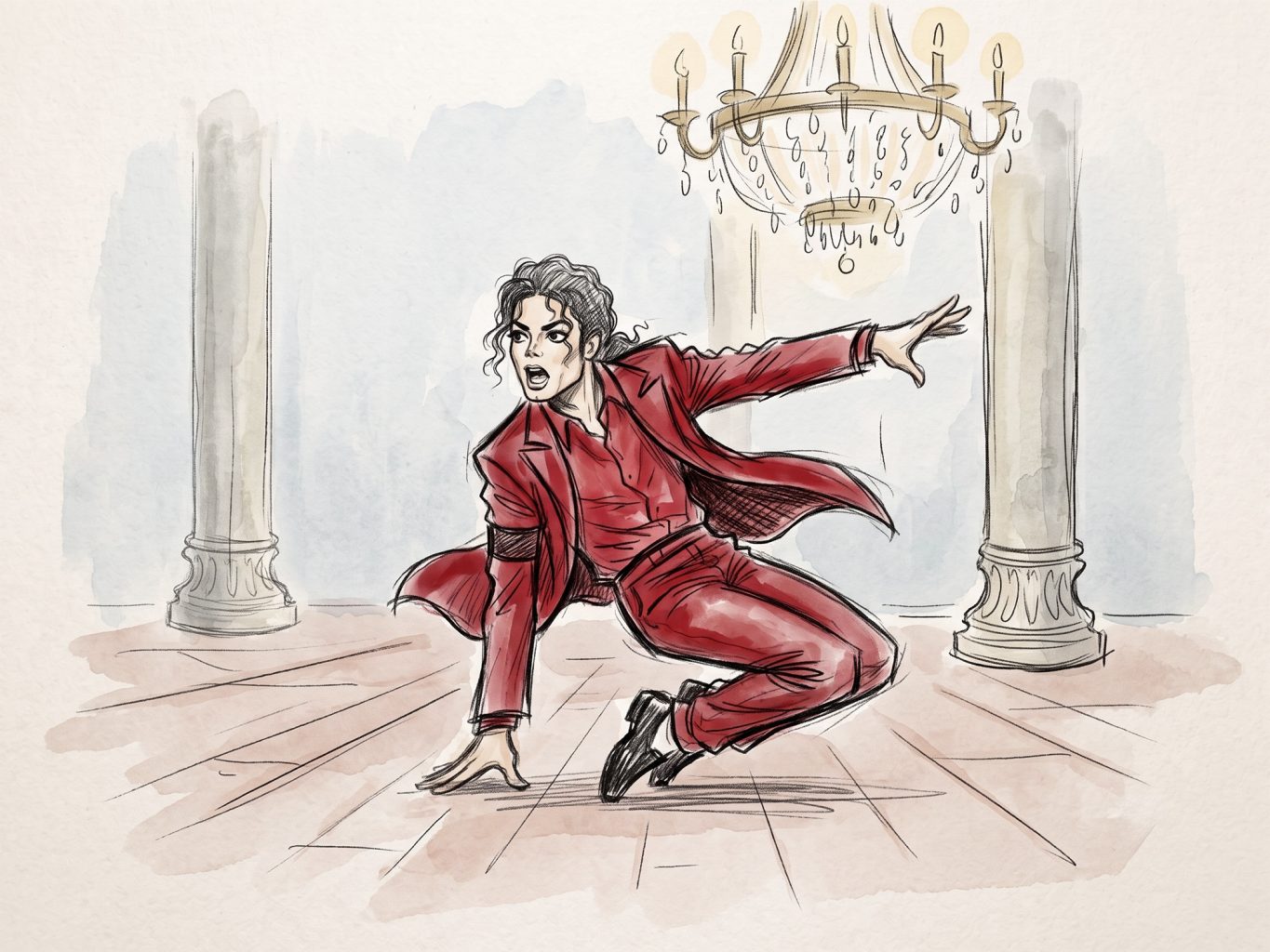 This watercolor and ink sketch depicts Michael Jackson in a vibrant red suit mid-dance move in a grand ballroom featuring tall stone columns and a chandelier.