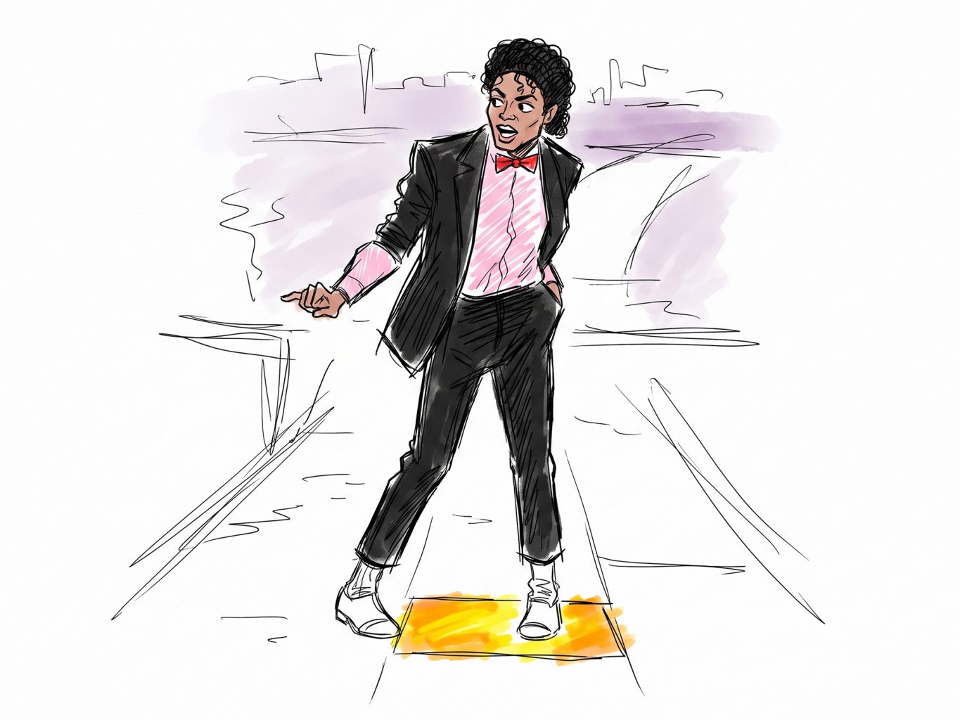 Fashion-style illustration of Michael Jackson dancing on a glowing tile in a suit, pink shirt, and red bow tie, drawn with loose pencil lines and watercolor washes.