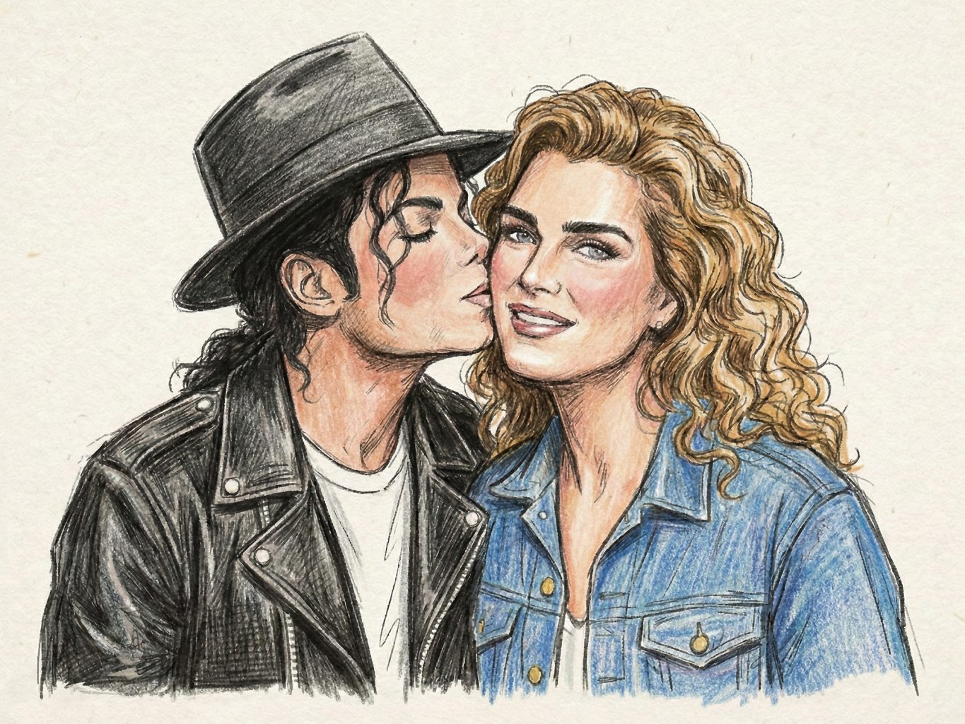 A romantic colored pencil drawing depicts Michael Jackson in a black leather jacket and fedora, kissing Brooke Shields on the cheek as she smiles toward the viewer.