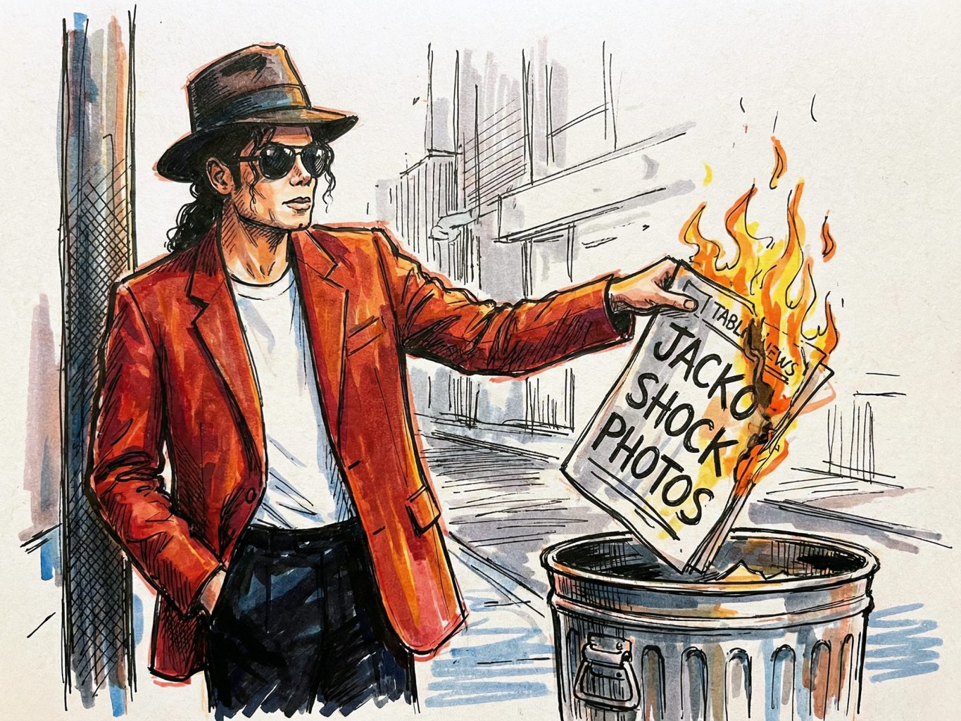 A watercolor and ink illustration with bold lines shows Michael Jackson dropping a burning tabloid newspaper into a trash can on a city street as the flames rise.