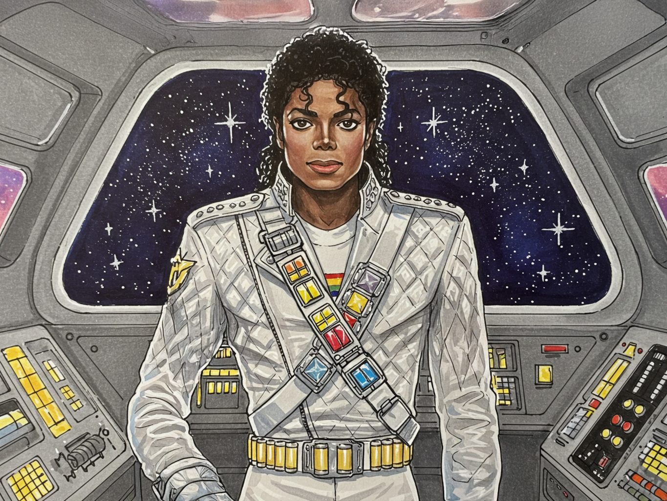 In this watercolor, Michael Jackson wears a quilted Captain EO suit while standing inside a starship cockpit with a view of a vast, starry galaxy behind him.