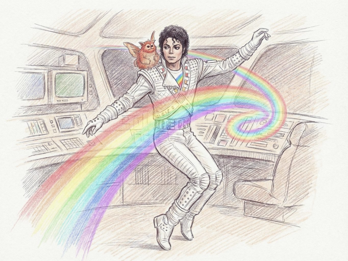 Colored pencil art depicts Michael Jackson in a white Captain EO suit, dancing in a futuristic cockpit while a rainbow swirls around him and his small furry friend.