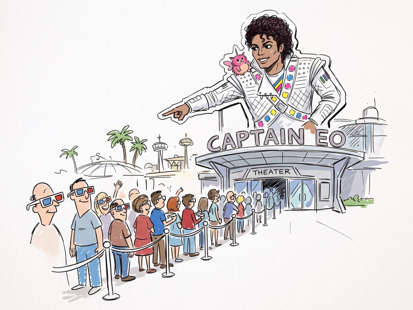 A cartoon sketch depicts a crowd in 3D glasses lining up outside a Captain EO theater featuring a Michael Jackson cutout, drawn in a watercolor-tinted line art style.