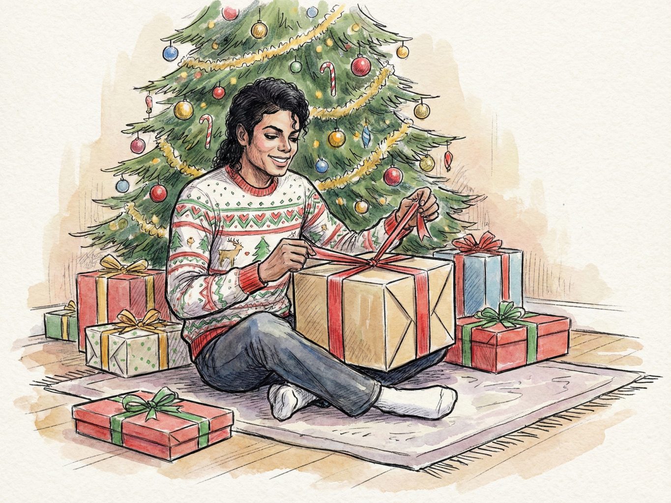 A watercolor and ink illustration with festive detail shows Michael Jackson seated on the floor, smiling as he wraps a present beneath a bright Christmas tree.