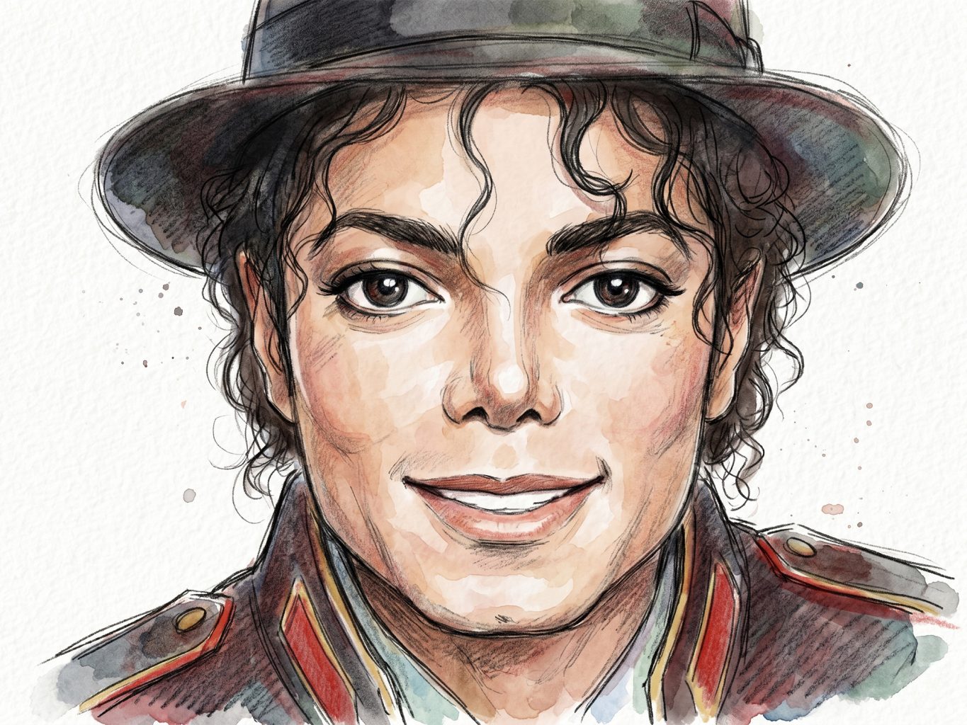 This vibrant watercolor and ink portrait sketch beautifully depicts a smiling Michael Jackson wearing his iconic black fedora hat and a military-style jacket.