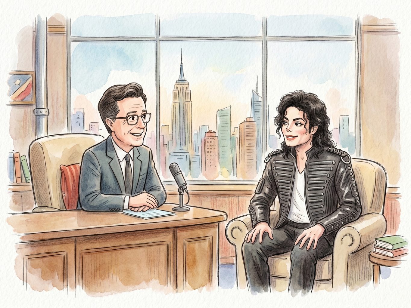 Watercolor art of Stephen Colbert interviewing Michael Jackson in a late-night studio setting, featuring a New York City skyline window view behind them.