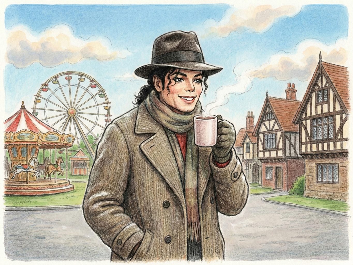 A watercolor and ink illustration with soft winter tones shows Michael Jackson smiling, holding a warm mug while strolling around his home, Neverland Valley Ranch.