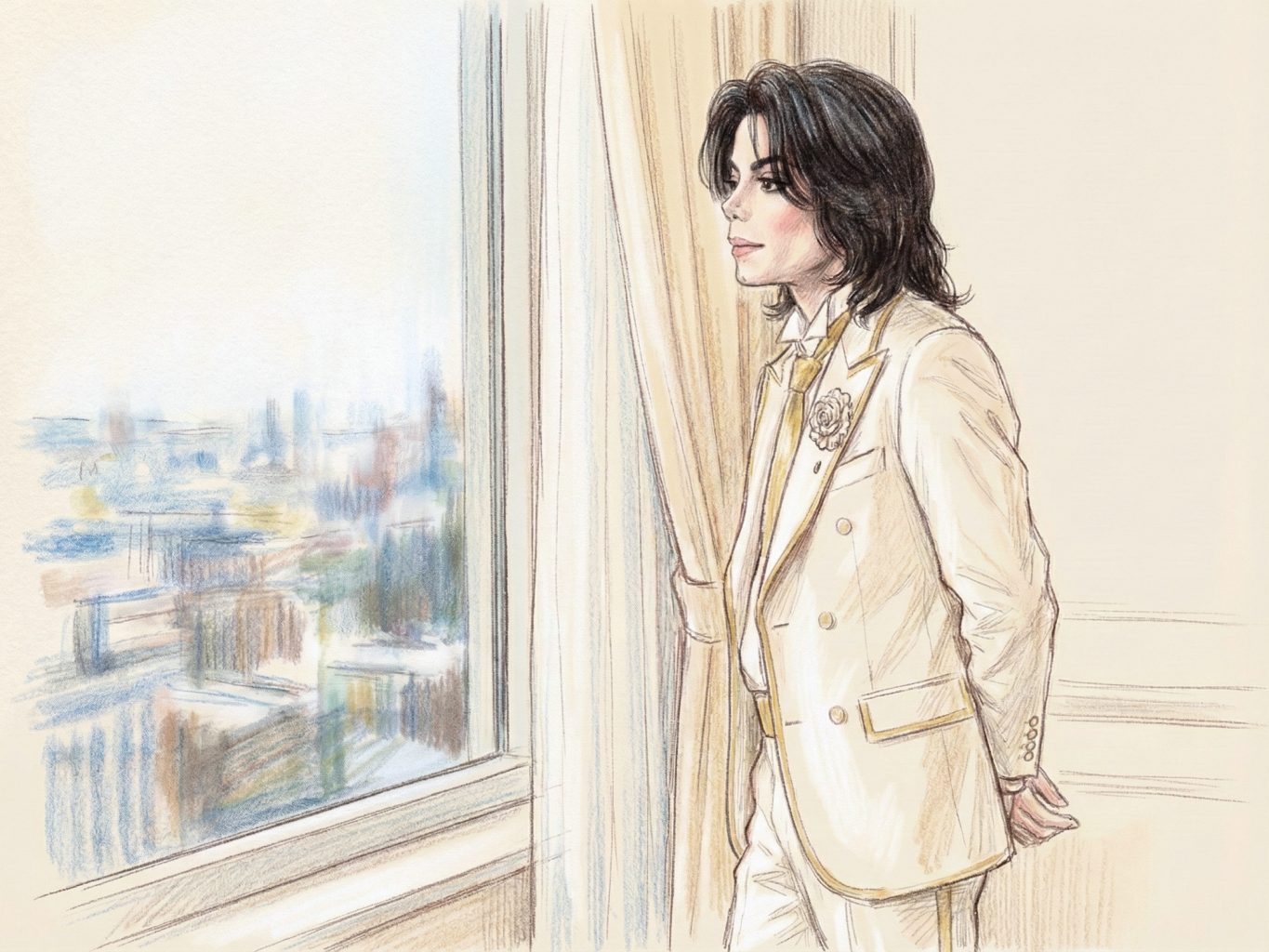 A gentle colored pencil drawing depicts Michael Jackson in an elegant white suit with gold trim, standing by a window and looking out over a soft, hazy cityscape.