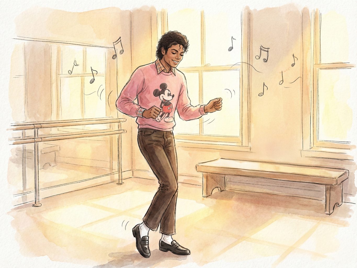 A warm watercolor painting shows Michael Jackson in a pink Mickey Mouse sweater and brown slacks, dancing in a sunlit studio with floating music notes.