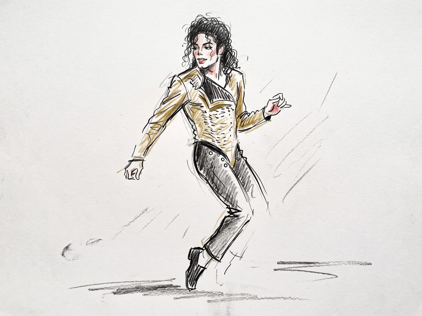 A dynamic fashion sketch depicts Michael Jackson dancing in his iconic metallic gold leotard and black pants, rendered in expressively loose pencil and crayon lines.