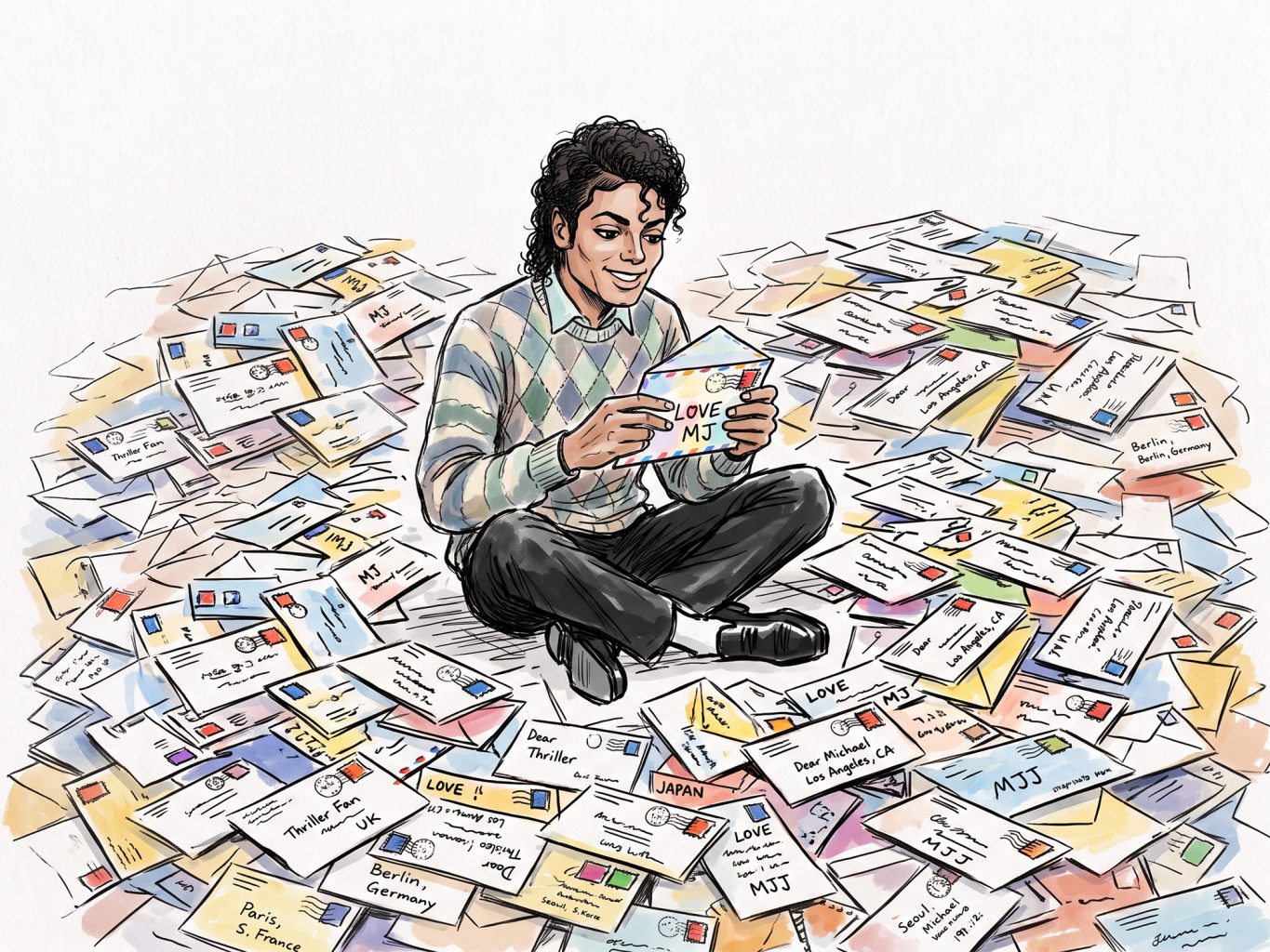This colorful line-and-wash illustration shows a young Michael Jackson sitting cross-legged in a huge pile of fan mail, smiling as he opens a letter.