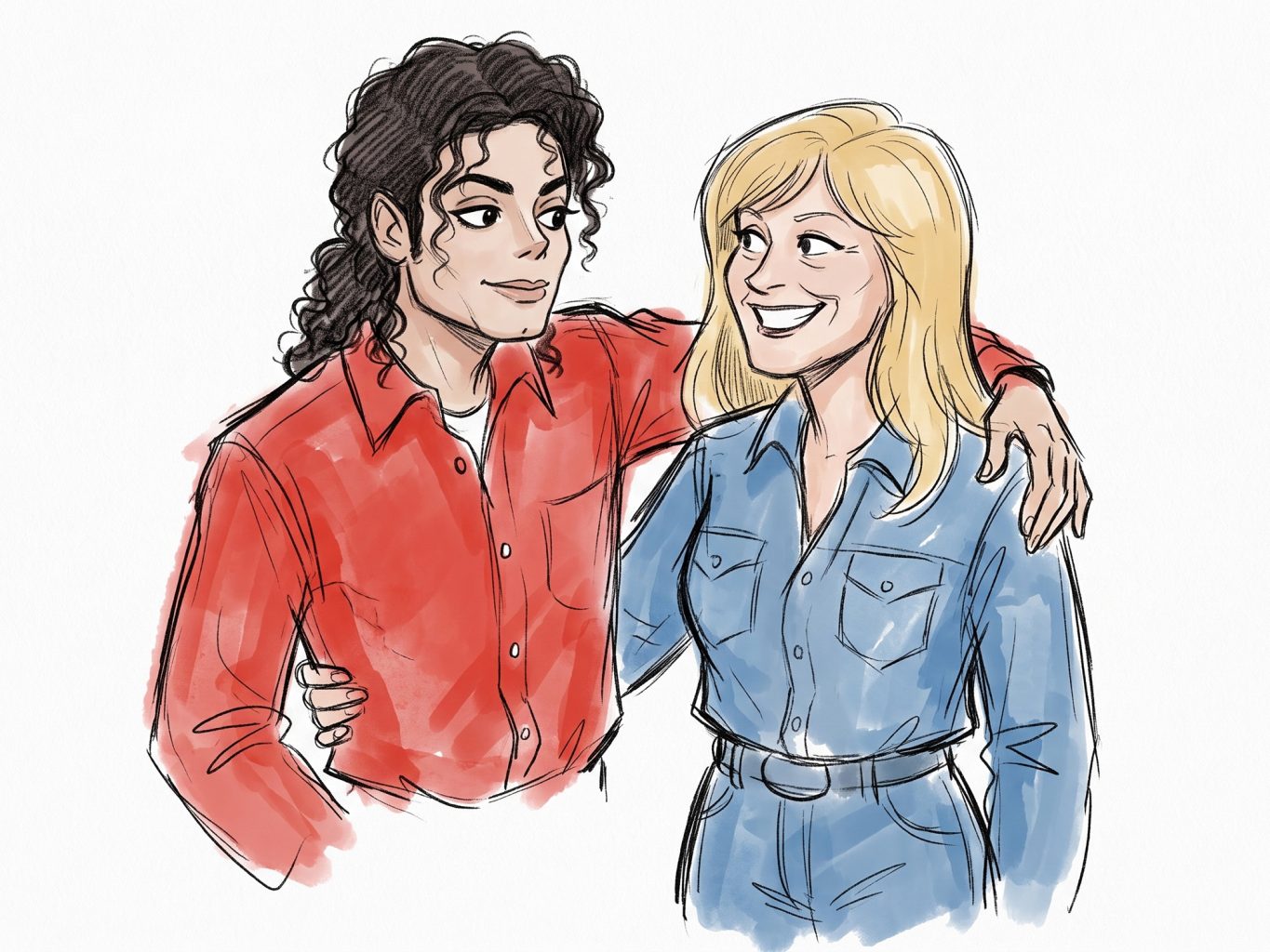 A cartoon-style digital sketch depicting Michael Jackson embracing a smiling blonde woman in denim, rendered with loose ink line art and soft watercolor shading.