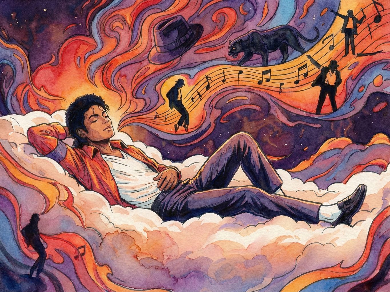 Michael Jackson rests on clouds in a vibrant watercolor dreamscape. Swirling musical notes, a black panther, and his iconic silhouettes define this surreal tribute.