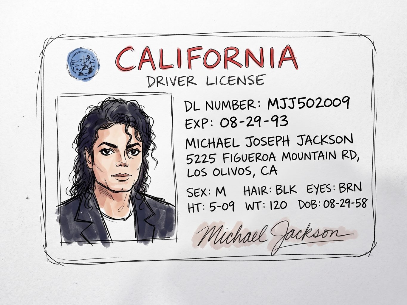 A hand-drawn ink and watercolor illustration of Michael Jackson’s California driver license, featuring his portrait, personal stats, and handwritten signature.