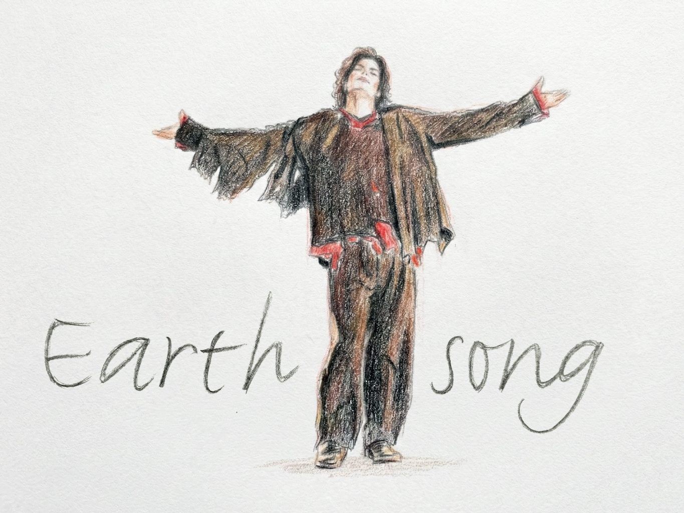 A watercolor and ink illustration shows Michael Jackson standing with arms outstretched, eyes closed, evoking Earth Song with a peaceful, hopeful expression.