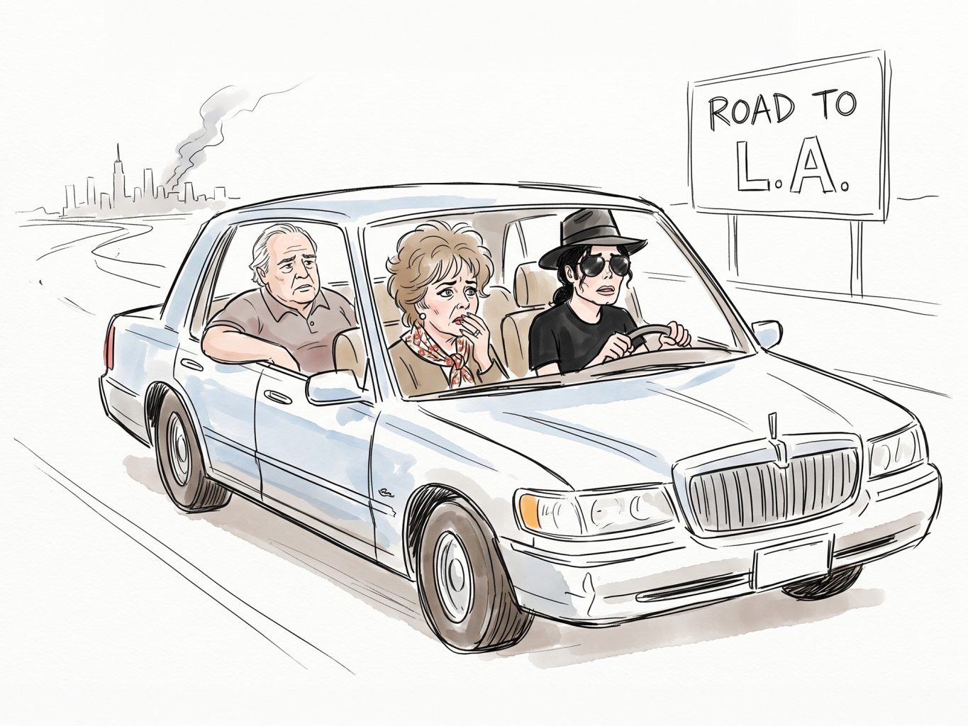 A cartoon illustration depicts Marlon Brando, Elizabeth Taylor, and Michael Jackson driving away from New York City toward L.A. in a line art watercolor style.