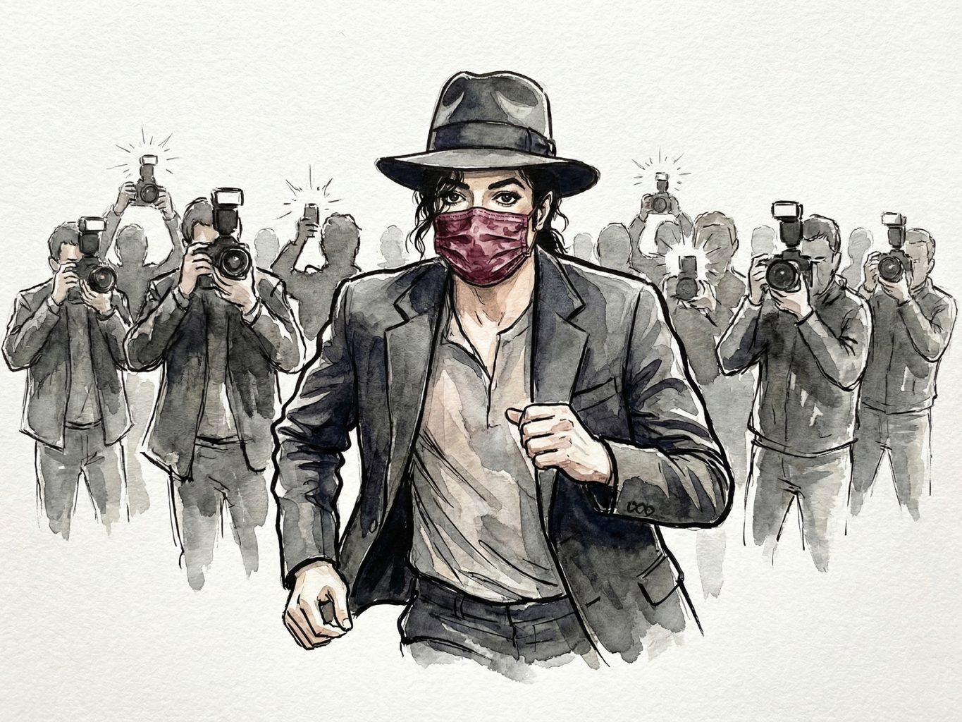 A classic marker illustration shows Michael Jackson in a dark blazer and fedora, wearing a red face mask while running away from a crowd of flashing paparazzi cameras.