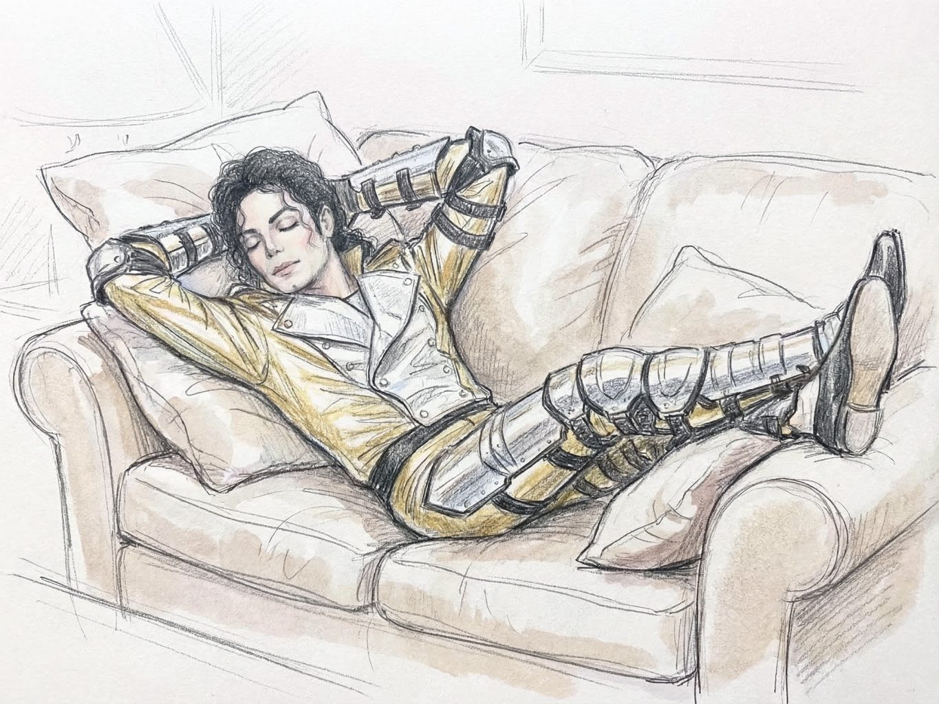 Michael Jackson rests on a sofa in his iconic gold HIStory tour armor. This sketch-style drawing uses soft pencil lines and muted tones for a serene, weary mood.