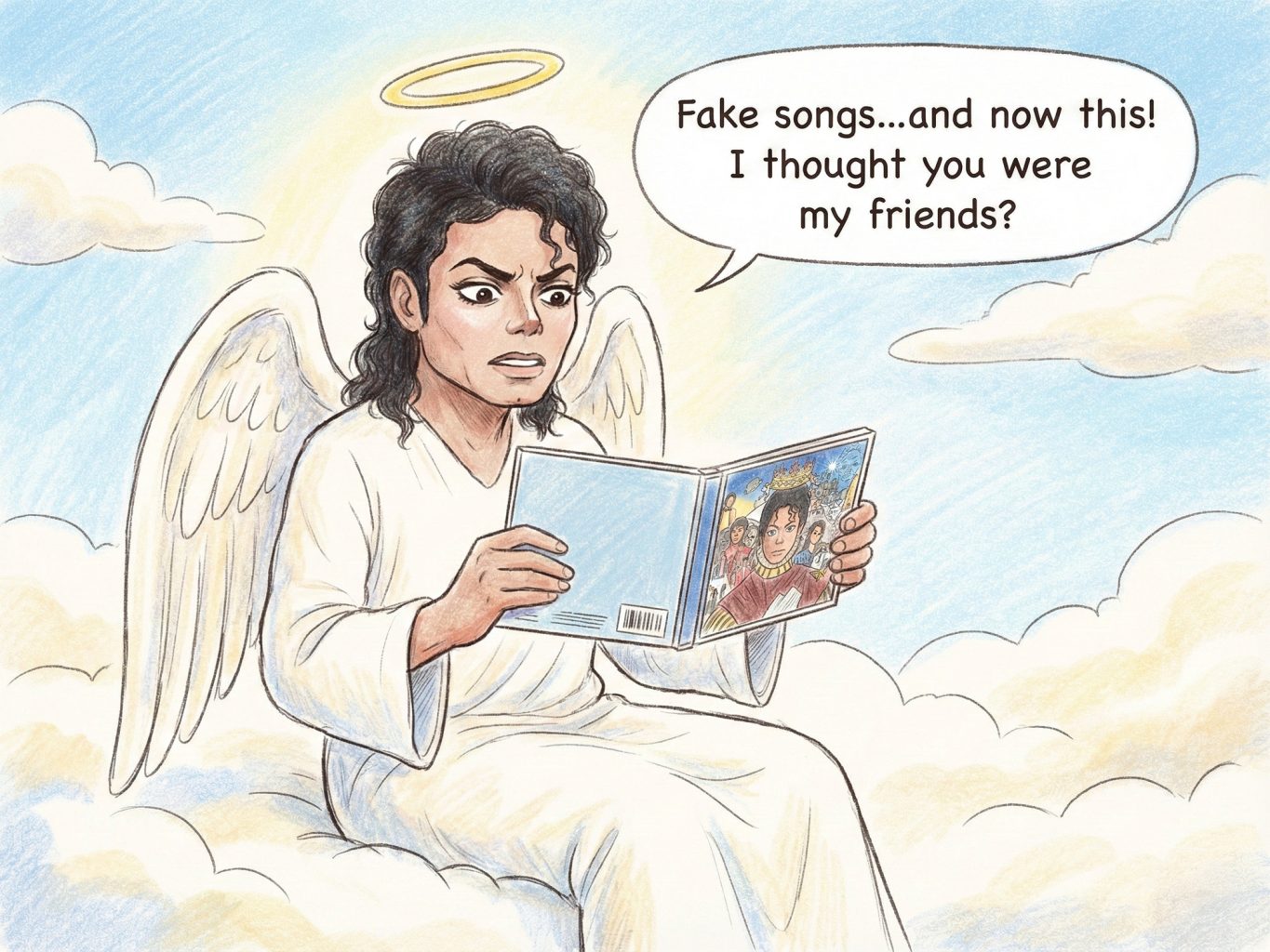 Michael Jackson as an angel sits on a cloud, looking upset at a CD. This colored pencil illustration critiques posthumous releases in a soft, storybook style.
