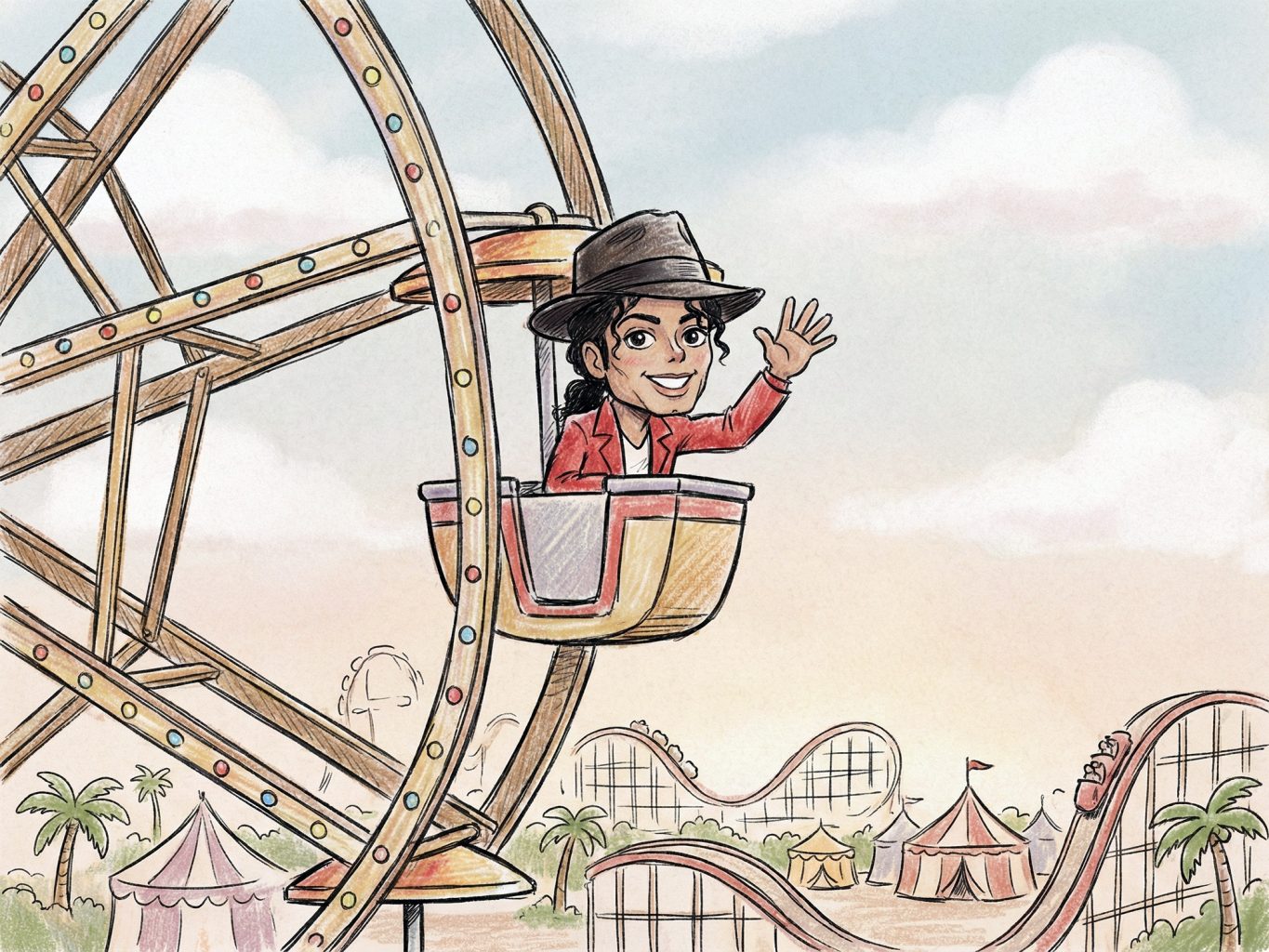 A whimsical sketch depicts Michael Jackson waving from a Ferris wheel. Set in a colorful carnival, the artistic style uses soft colored pencils and charming linework.