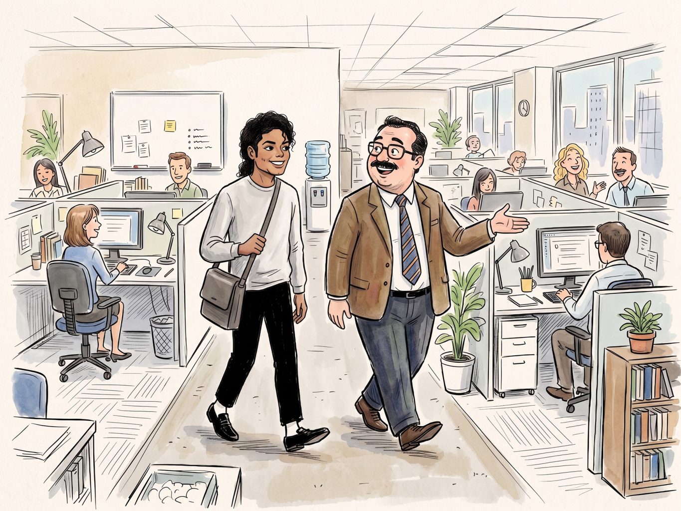 A watercolor sketch shows Michael Jackson being toured through a busy office by a manager. The style uses soft washes and fine ink lines for a friendly atmosphere.