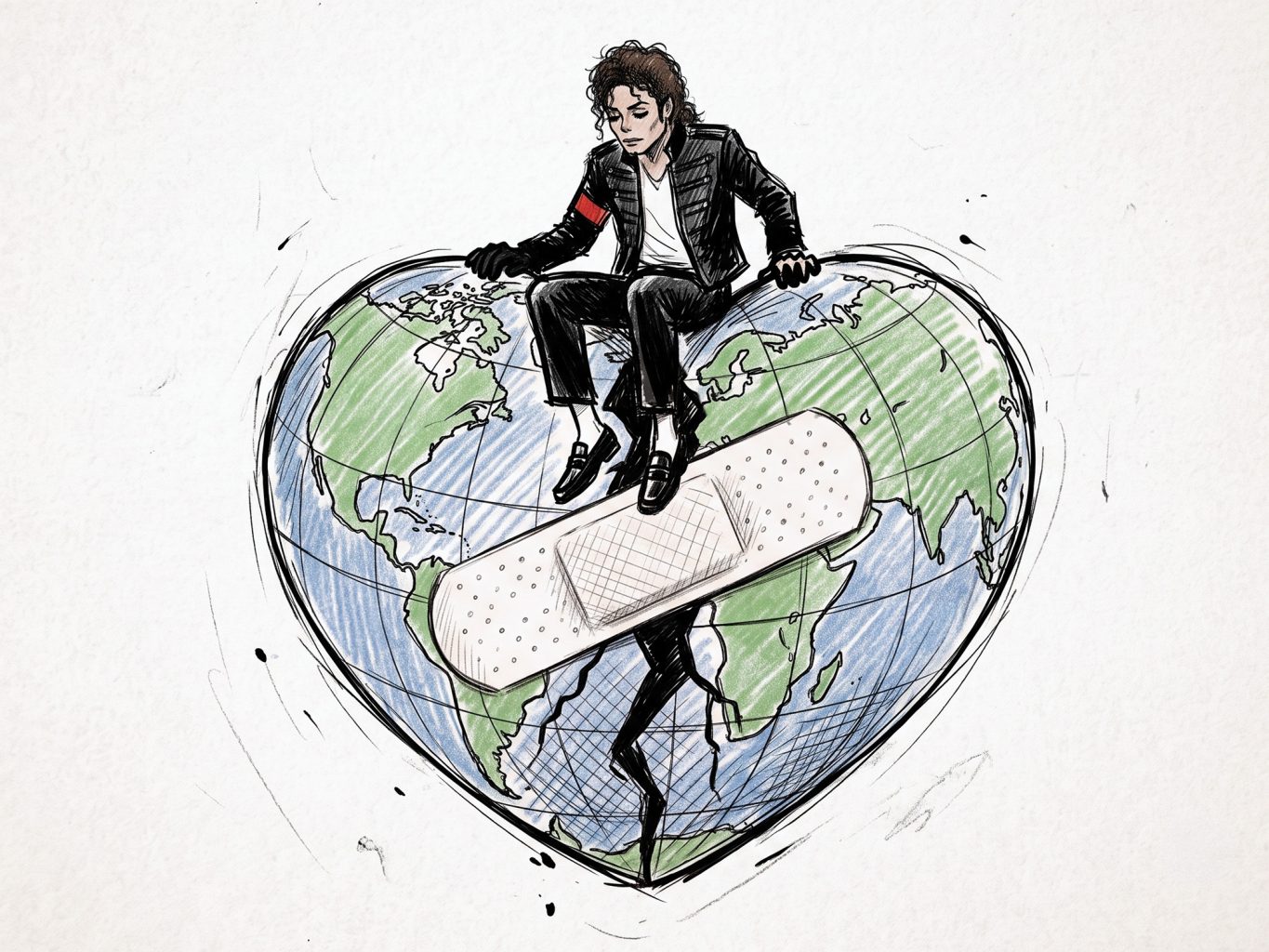 A stylized hand-drawn illustration of Michael Jackson sitting atop a heart-shaped Earth, patching a large crack with a bandage. Styled with ink and colored pencil.