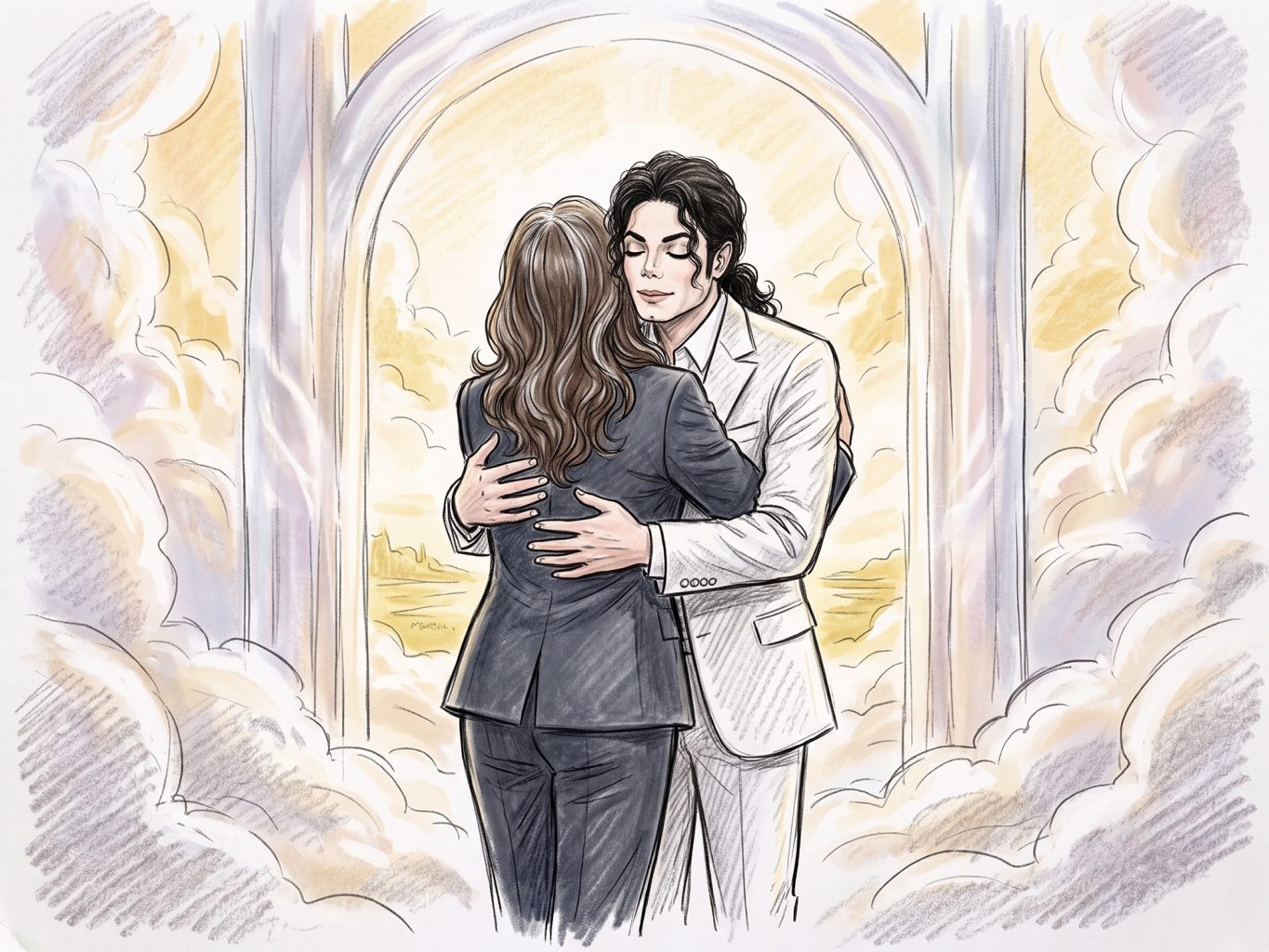 A colored pencil and ink sketch style illustration depicting Michael Jackson in a white suit hugging a woman in a dark suit before a heavenly golden archway.