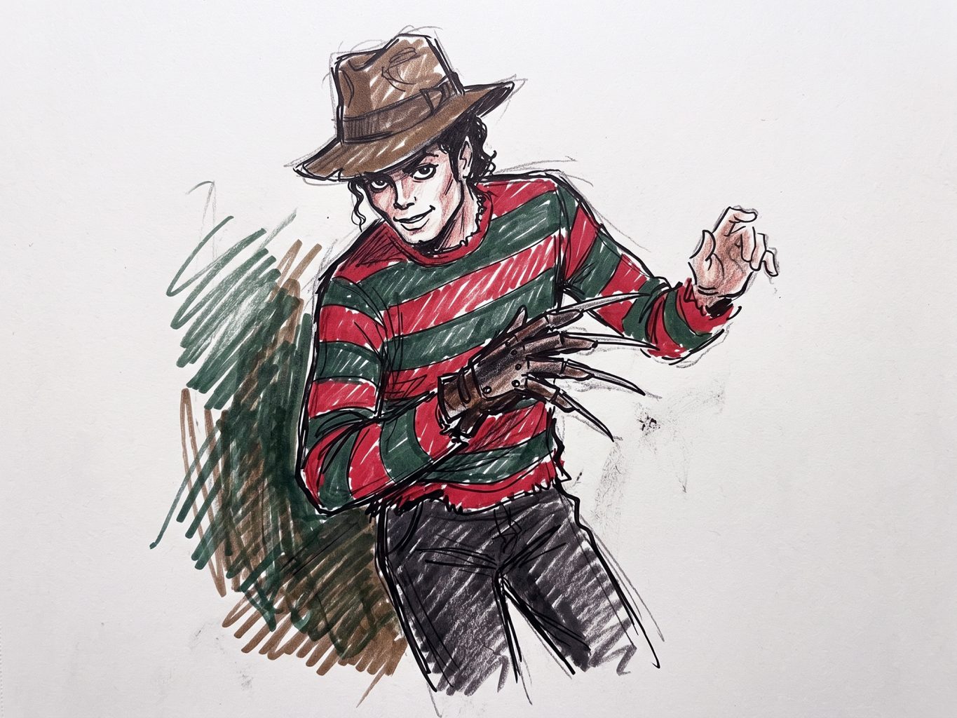 A dynamic marker illustration depicts Michael Jackson dressed as Freddy Krueger, featuring a striped sweater and clawed glove in an expressive sketch style.