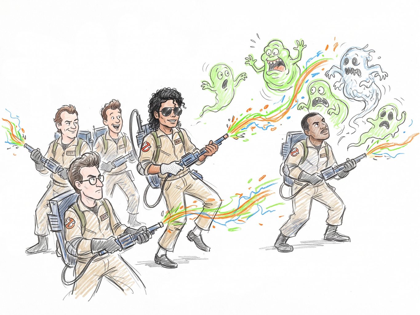 A whimsical cartoon sketch shows Michael Jackson joining the Ghostbusters, firing colorful energy beams at green and white ghosts in a playful art style.