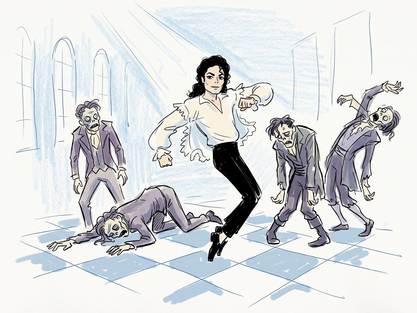 Michael Jackson performs a signature dance move alongside ghastly ghouls inside a hall. This cartoon sketch features expressive ink lines with soft blue shading.