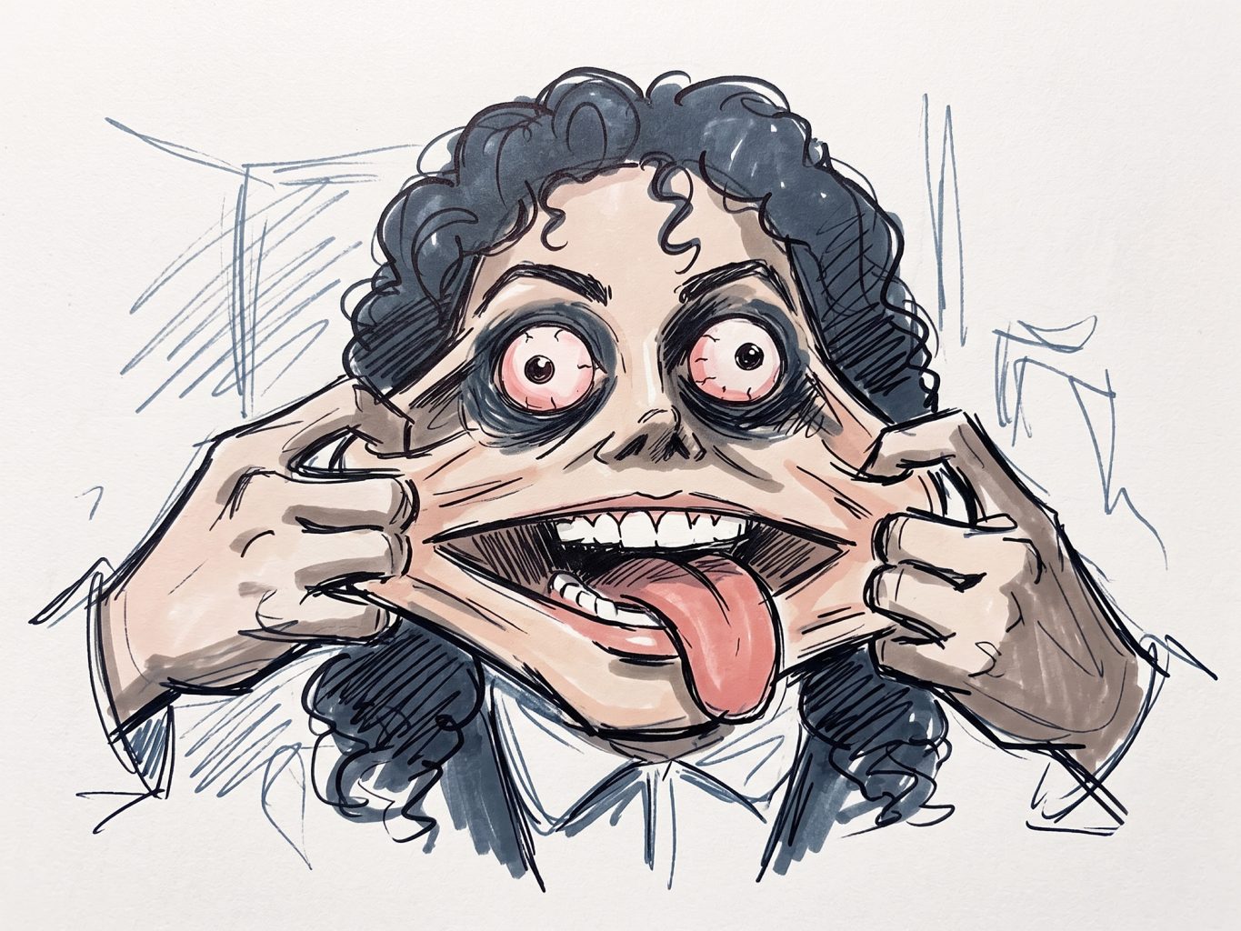 A stylized marker illustration shows a figure pulling apart his face into a grotesque, wide-mouthed scowl with bulging eyes, rendered in a caricature art style.
