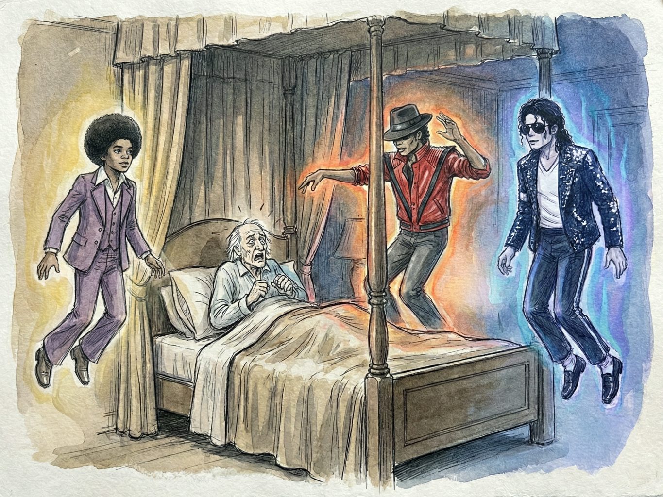 A watercolor and ink illustration with soft washes shows Michael Jackson from different eras as the ghosts from A Christmas Carol, surrounding Ebenezer Scrooge.